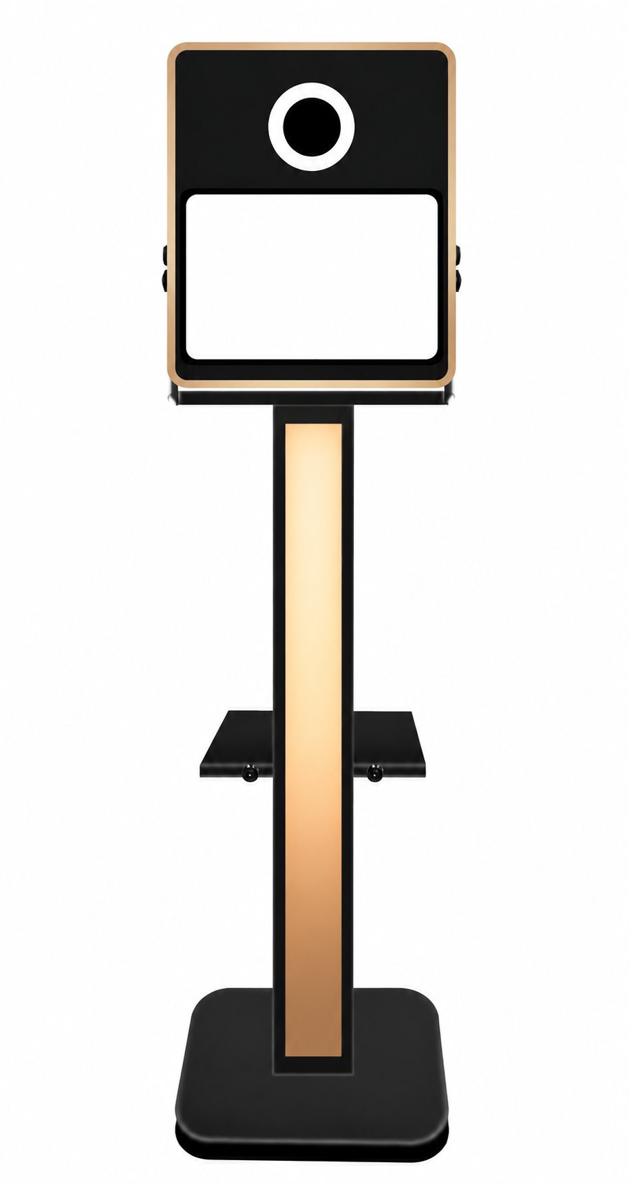 The Gallery Booth photobooth, zwart frame met gouden rand, ringlicht en verlichte zuil